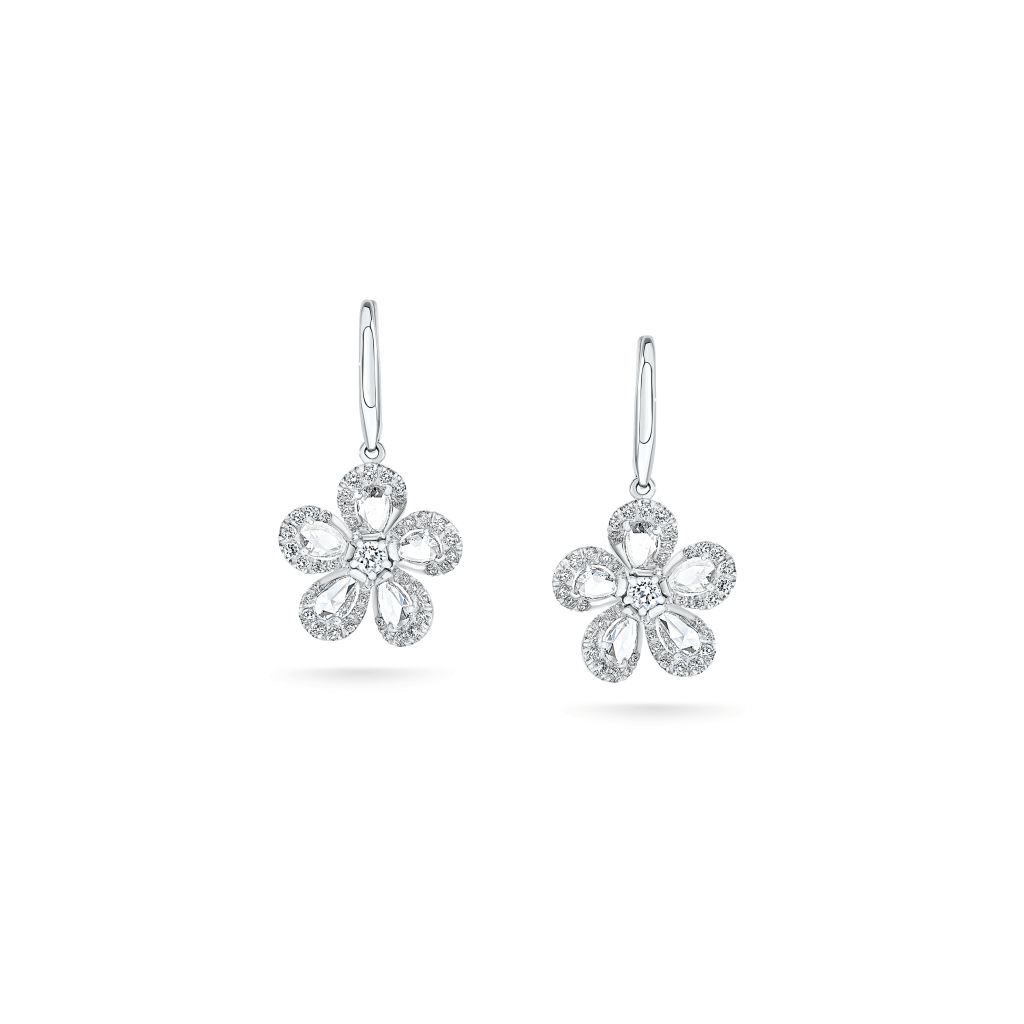 David morris miss daisy single flower earrings with pear shape rose cut diamonds and micro set diamonds set in 18ct white gold. 9400 copy from david morris